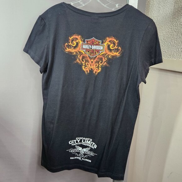 Harley-Davidson V-Neck Shirt Women L Black 100% Cotton Short Sleeve Fire IL NEW - Picture 8 of 11